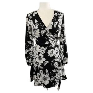 Gianni Bini Black White Floral Long Sleeve Wrap Dress Tie Waist Medium